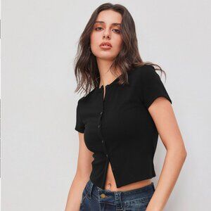 Cider Round Neckline Solid Button Short Sleeve Top